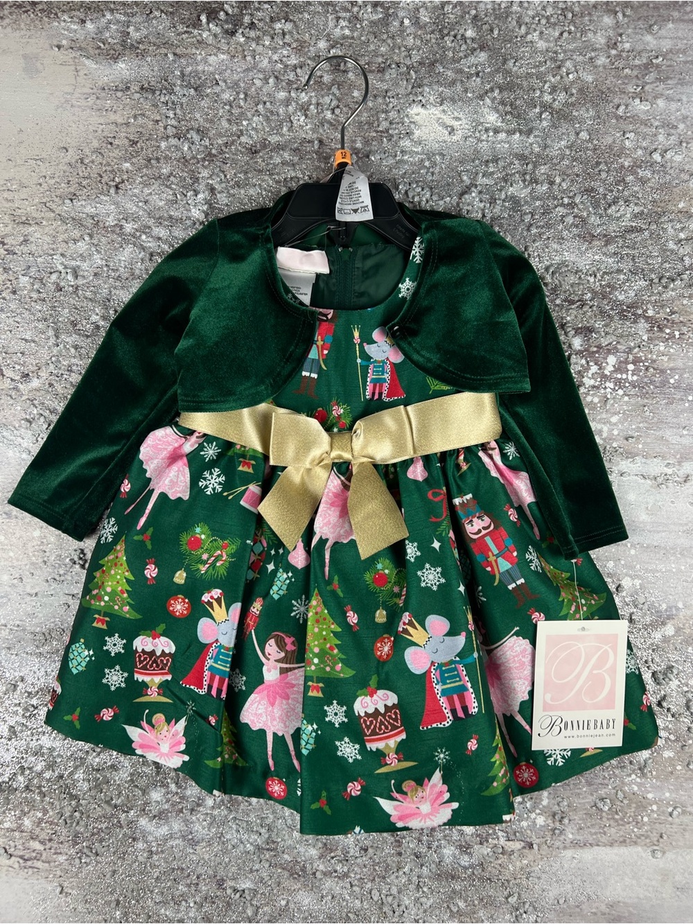 Bonnie Jean Girls' Green Nutcracker Holiday Dress with Gold Bow 12 months